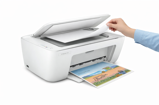 Détail des boutons et du design compact de l’imprimante HP DeskJet 2320