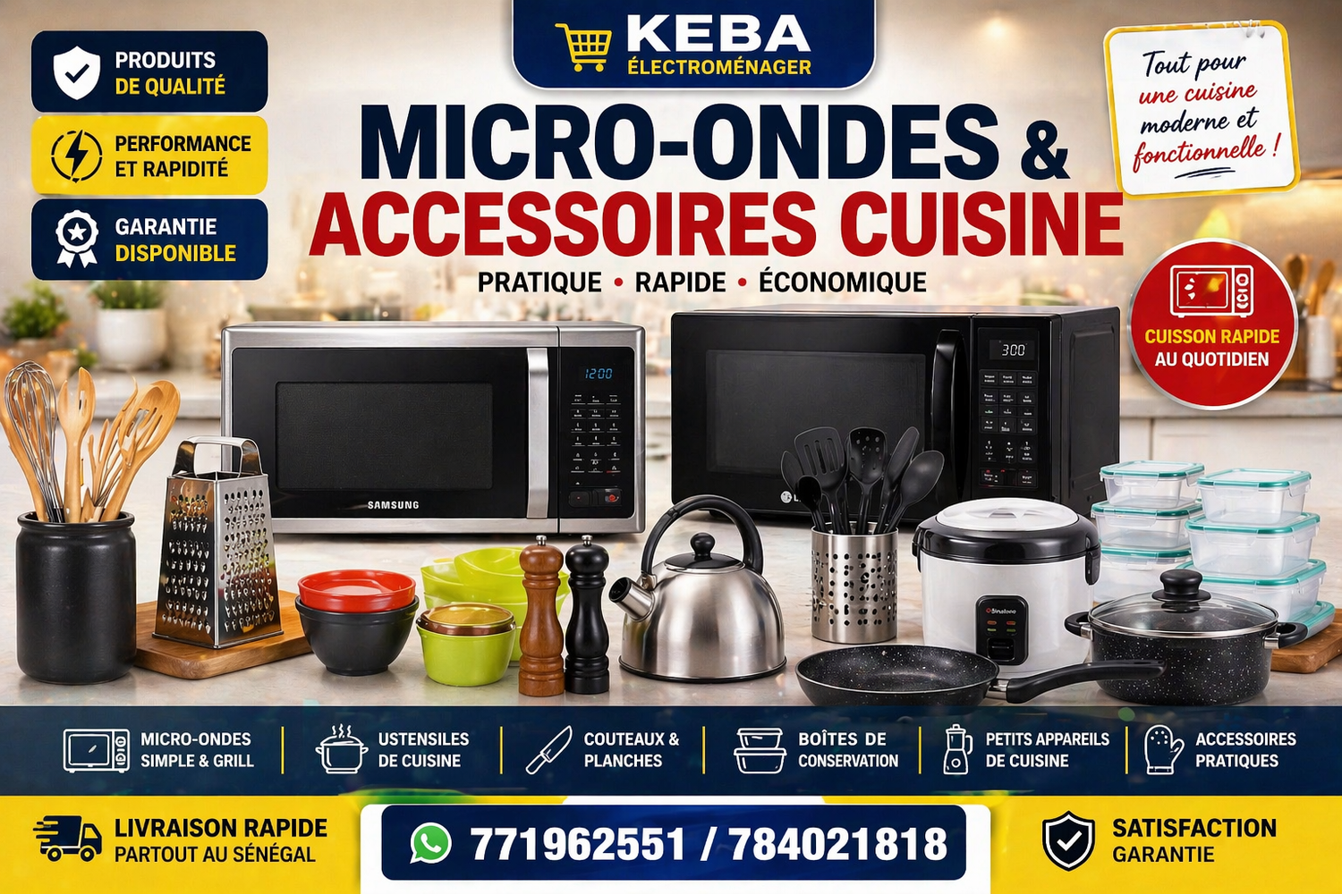Micro-ondes et accessoires de cuisine modernes en vente au Sénégal chez Keba Électroménager pour cuisson rapide et pratique