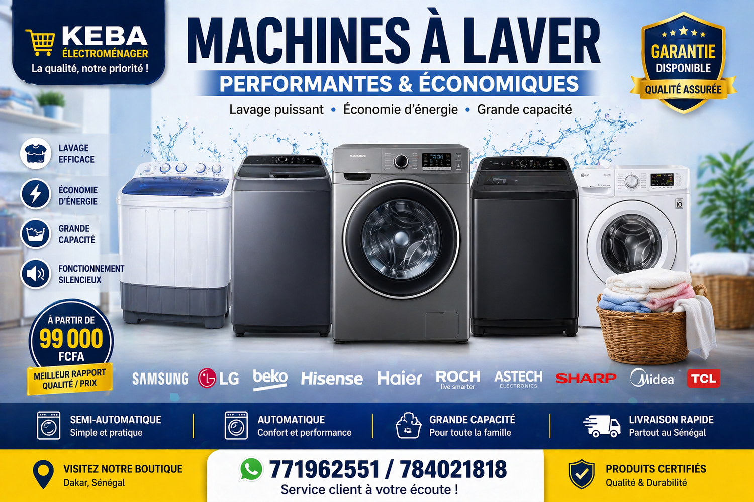Machines à laver modernes automatiques et semi-automatiques en vente au Sénégal chez Keba Électroménager avec grande capacité et économie d’énergie
