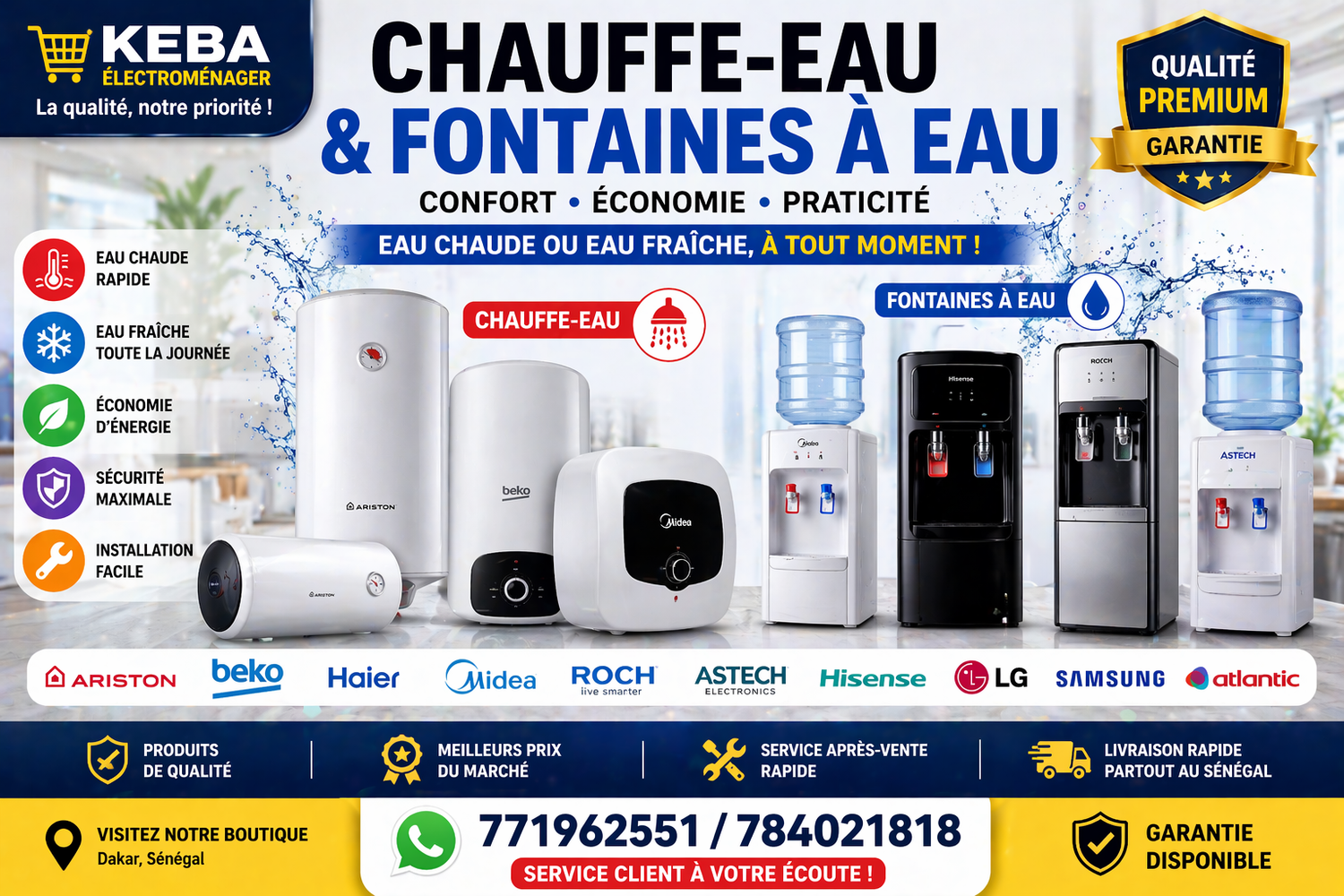 Chauffe-eau et fontaines à eau modernes en vente au Sénégal chez Keba Électroménager pour eau chaude et eau fraîche à tout moment