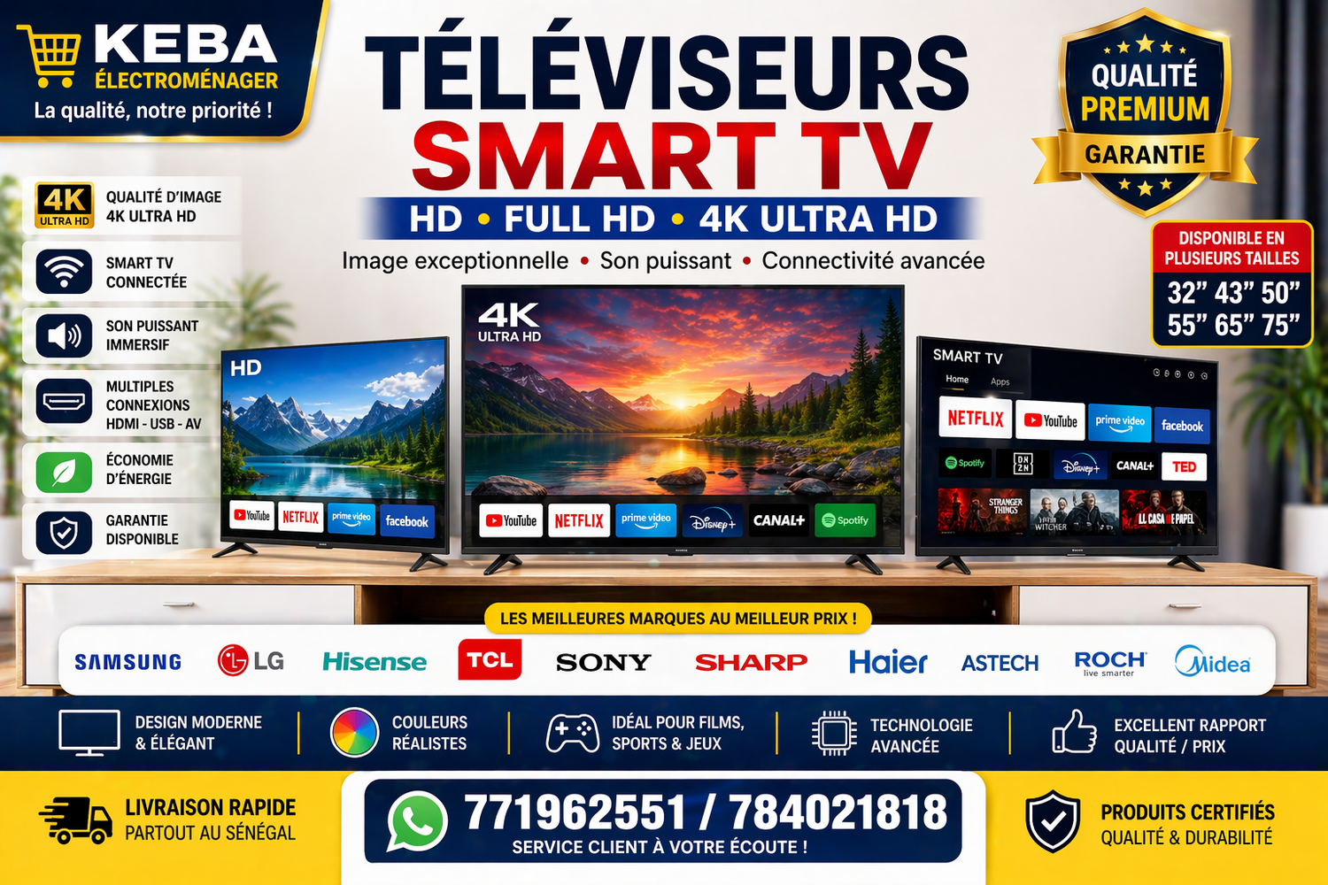 Téléviseurs Smart TV modernes HD et 4K en vente au Sénégal chez Keba Électroménager avec image haute qualité et connectivité avancée