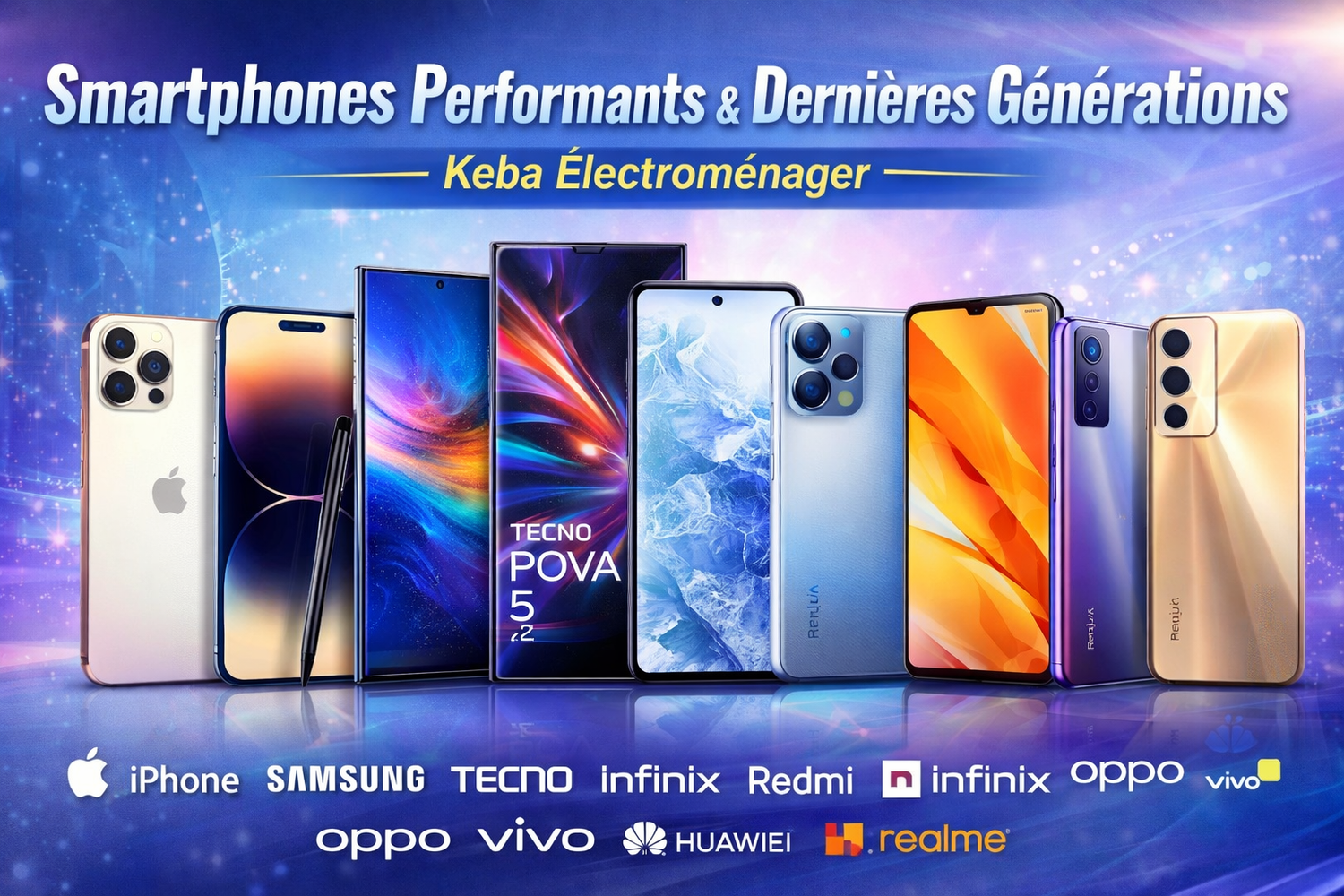 Smartphones modernes iPhone Samsung Tecno Redmi en vente au Sénégal chez Keba Électroménager avec haute performance et design élégant