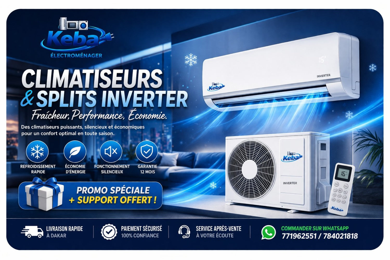 Climatiseur split inverter Keba Electromenager Dakar refroidissement rapide economie energie promo support offert