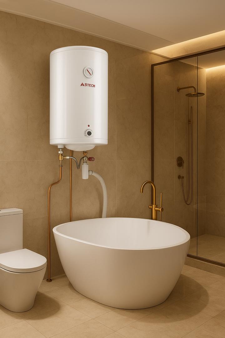 Chauffe-eau Astech 100 litres en fonctionnement fournissant de l’eau chaude