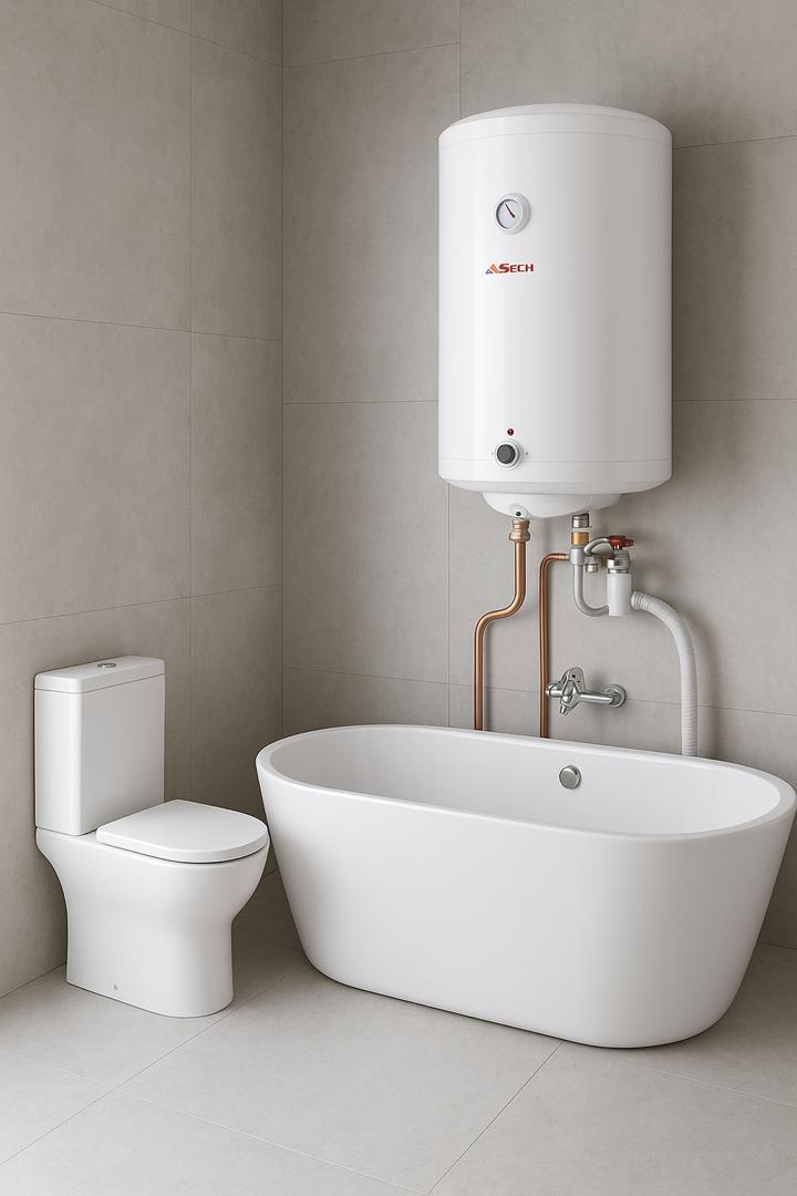 Chauffe-eau Astech 100L installé sur un mur dans une salle de bain moderne