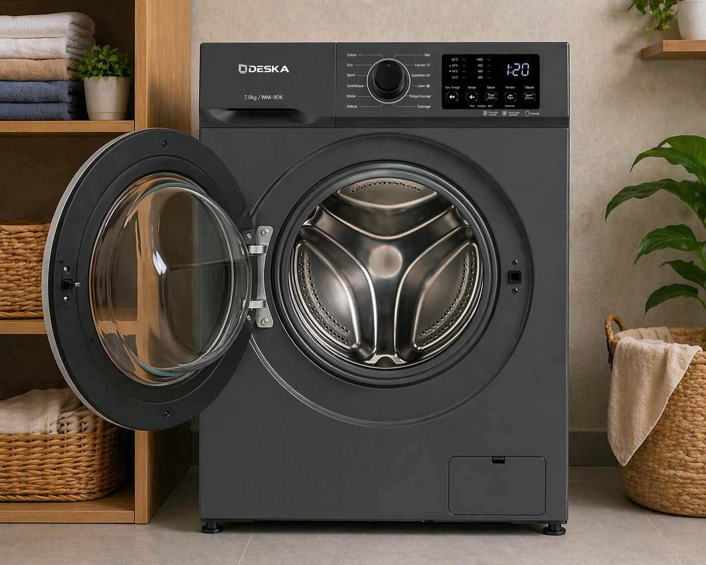 Machine à laver Deska 9KG en fonctionnement avec linge dans le tambour