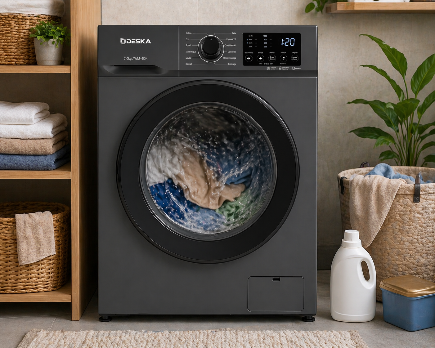 Machine à laver Deska 9KG en fonctionnement avec linge dans le tambour