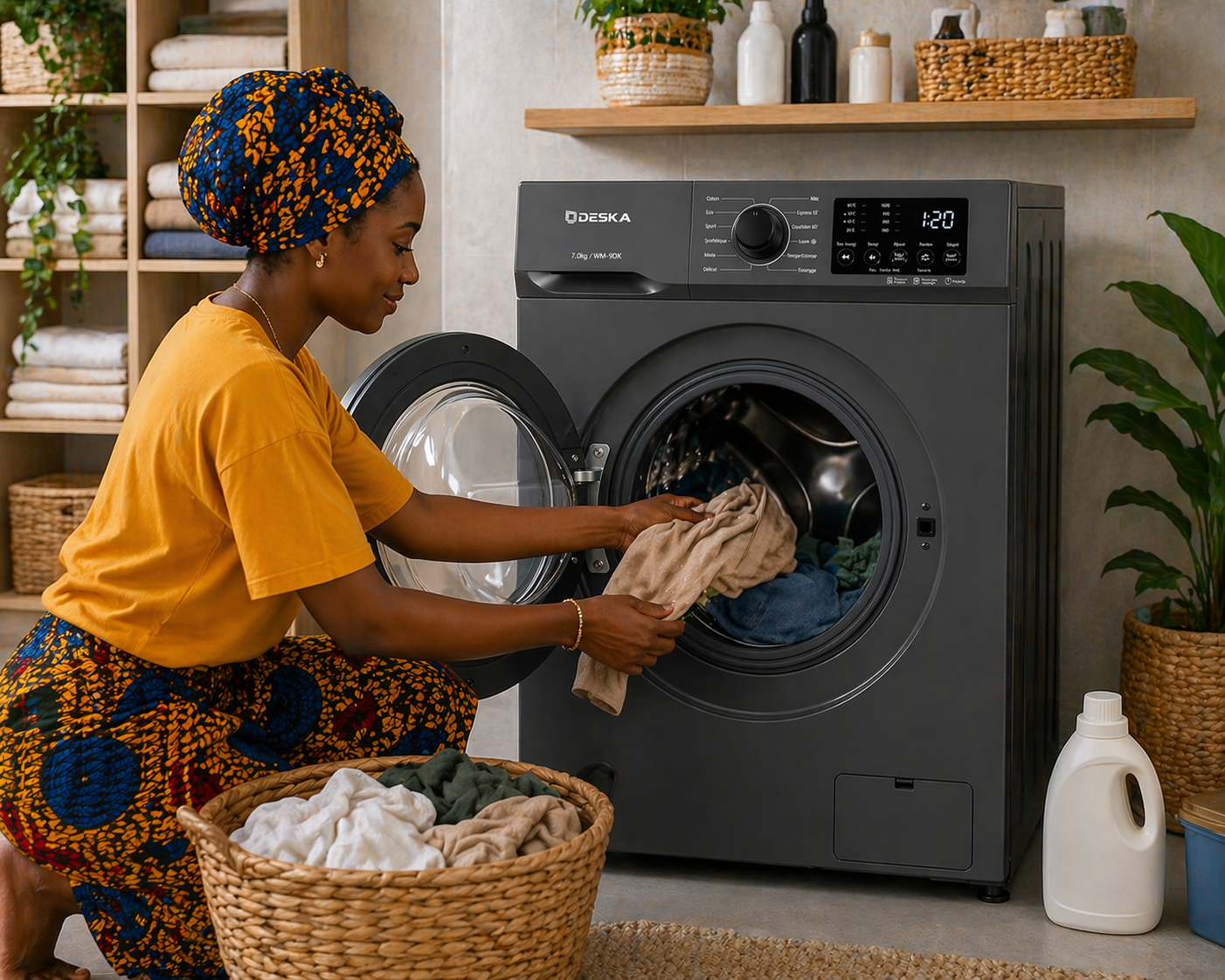 Femme sénégalaise utilisant une machine à laver Deska 9KG dans une buanderie moderne
