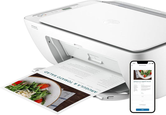 Imprimante HP DeskJet 2875 installée sur un bureau moderne avec ordinateur
