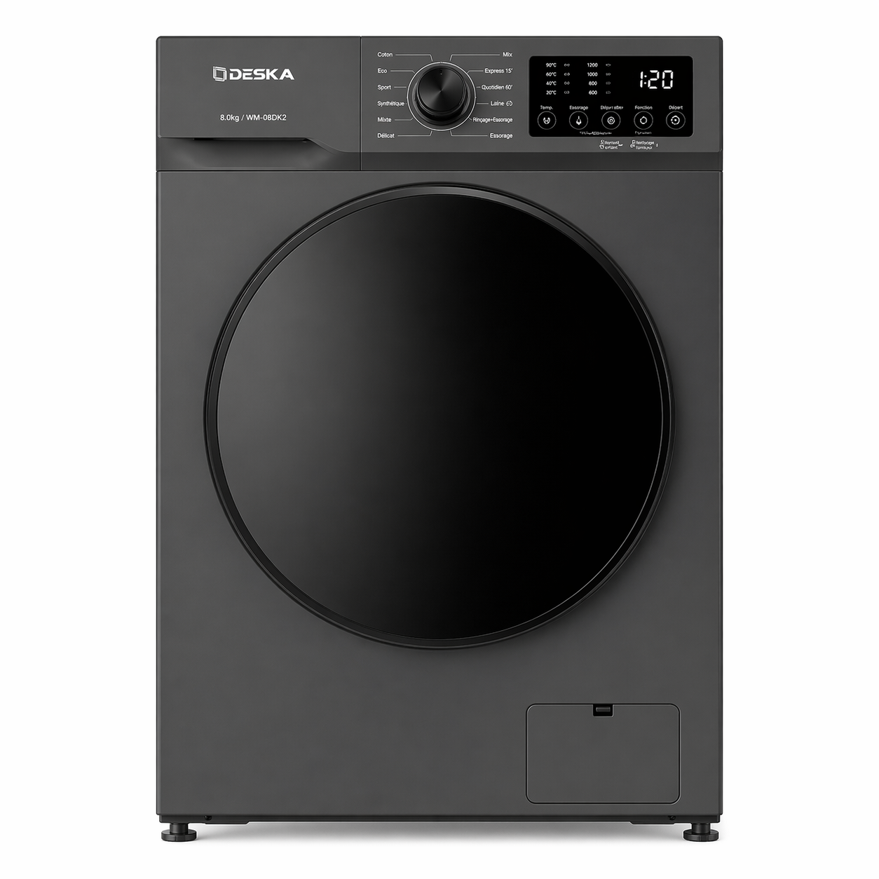 Machine à laver Deska 8KG front load gris vue de face sur fond blanc