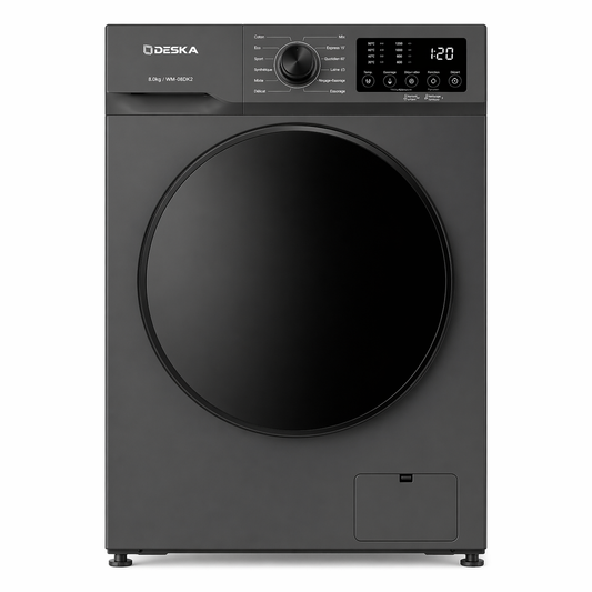 Machine à laver Deska 8KG front load gris vue de face sur fond blanc