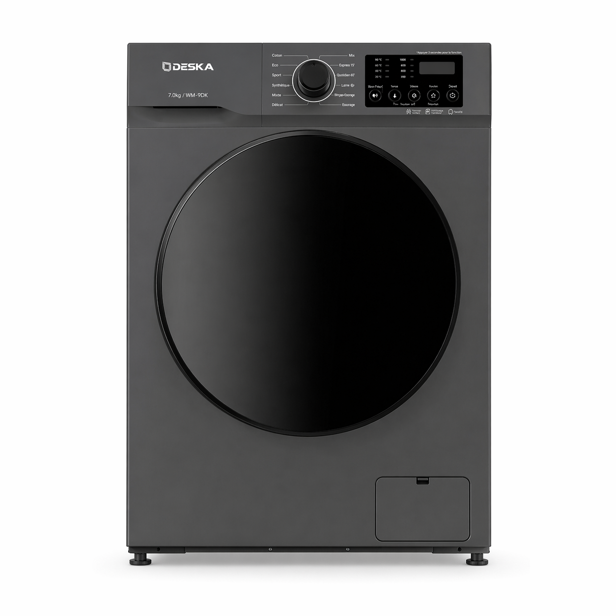 Machine à laver Deska 9KG front load gris vue de face sur fond blanc